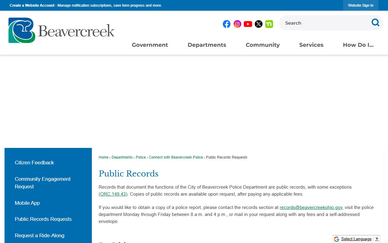 Beavercreek 72 hour booking police records request page