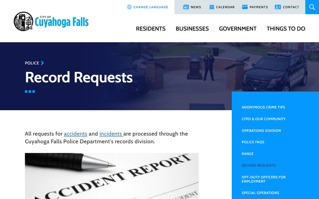 Cuyahoga Falls Police records request page for 72 hour booking