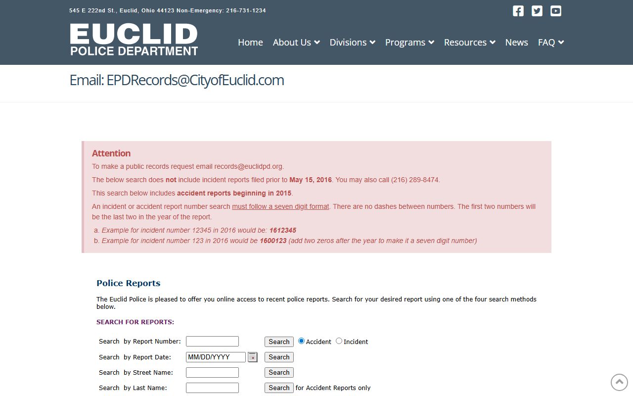 Euclid Police online records search for 72 hour booking