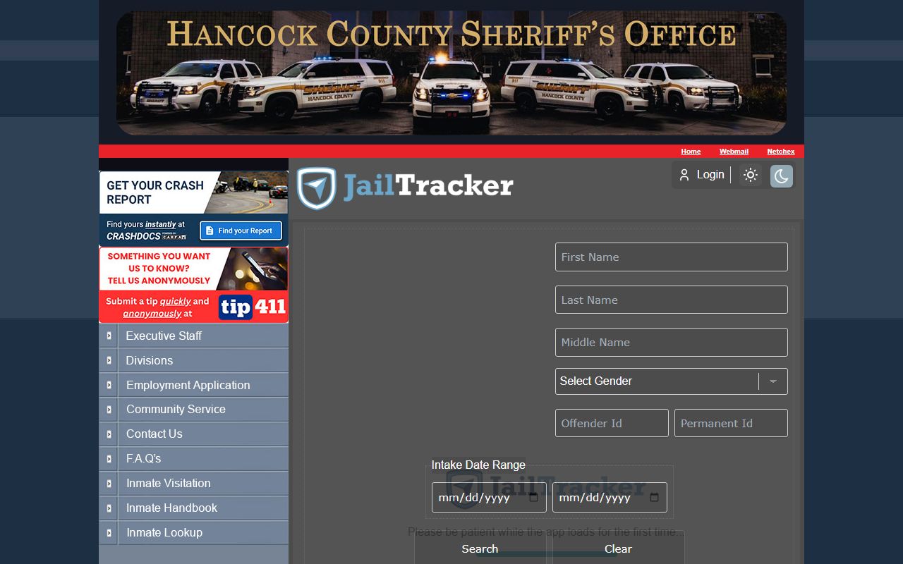 Hancock County inmate roster showing 72 hour booking data