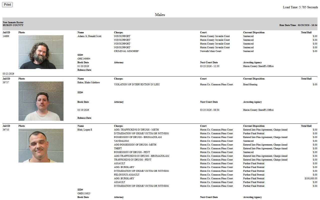 Huron County jail roster showing 72 hour booking data