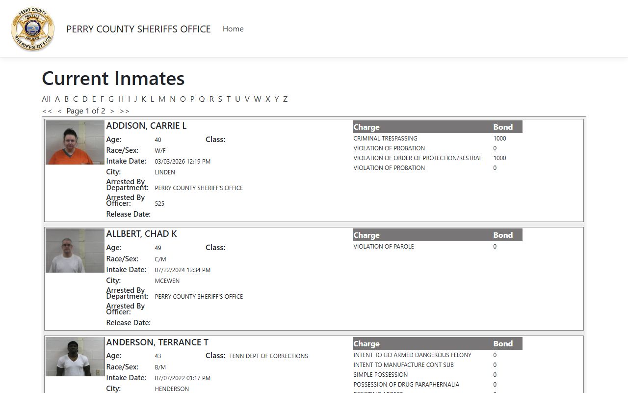 Perry County ISOMS portal showing 72 hour booking records with inmate photos