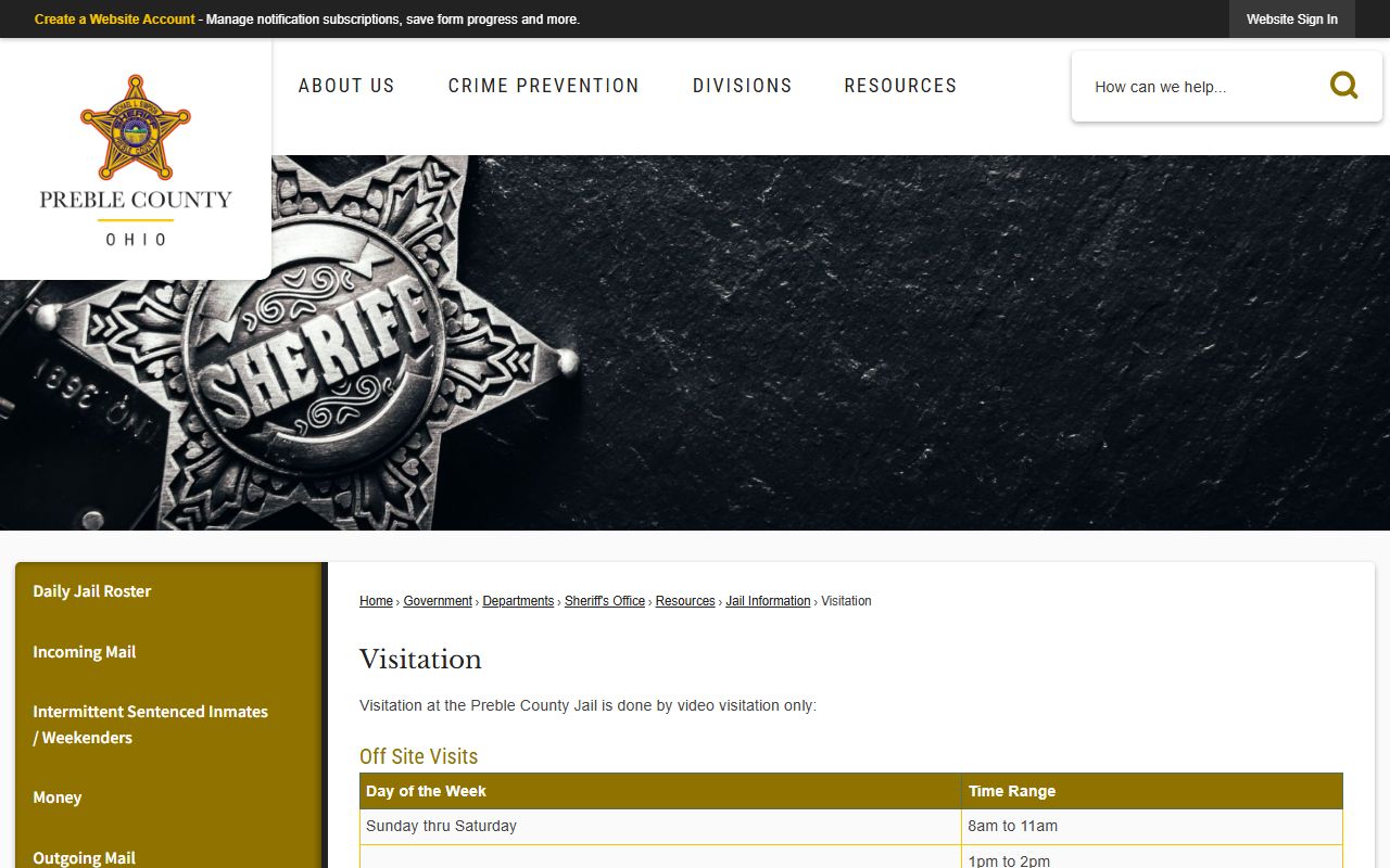 Preble County 72 hour booking jail visitation schedule