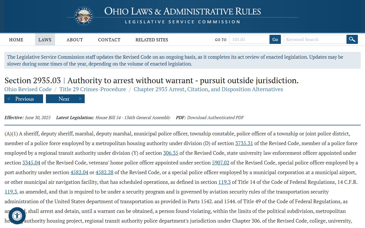 Vinton County 72 hour booking ORC arrest powers